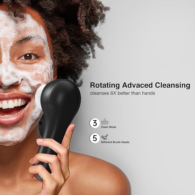 Face Scrubber ExfoliatorFacial Cleansing Brush Rechargeable IPX7 Waterproof with 5 Brush HeadsElectric Face Spin Brush for Exfoliating Massaging and Deep Cleansing (Black+Gold)