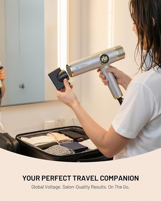 HITTIONA Dual Voltage Travel Hair Dryer with Magnetic Diffuser - 2000W High-Speed Ionic Hair Dryers Gift for Women Fast Drying Low Noise Lightweight No Heat Damage European Travel 110V-240V Gold