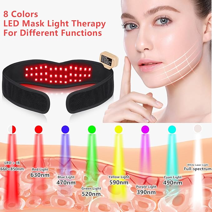 DGXINJUN Rechargeable Red Light Therapy for Neck Chin 8 Colors Portable Near Infrared Light Therapy Pain Relief Belt Wearable Neck Chin Firming V Face Wrap