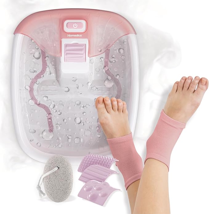 Homedics Bubble Bliss® Deluxe Footbath Gift Set – Heated Foot Spa with Invigorating Bubbles 3 Massage Attachments Pumice Stone Moisturizing Heel Socks &amp Splash Guard for Ultimate Relaxation
