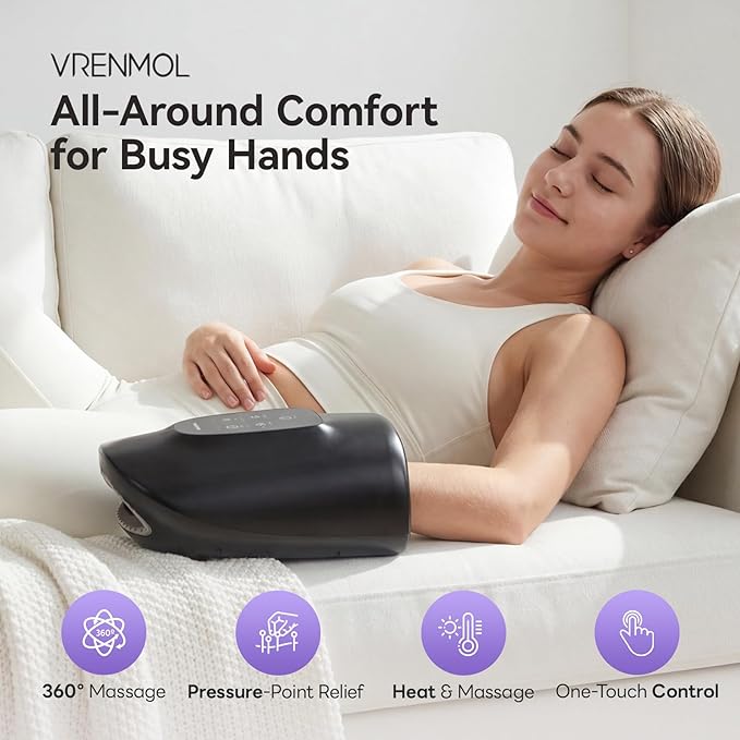 vrenmol Hand Massager with Heat and Compression: Cordlesss Hand Massager Electric Massager 5 Intensities 3 Temperatures 3 Modes Massage At Home for Women Men