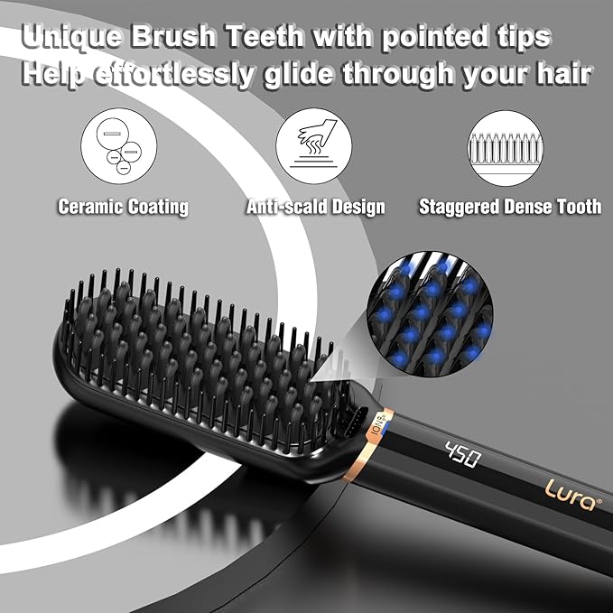 LURA Ionic Hair Straightener BrushDual Voltage Hair Straightening Brush for WomenHigh Heat Flat Iron Brush for Black WomenCeramic Hair Straightener Comb with 6 Adjust Temperature