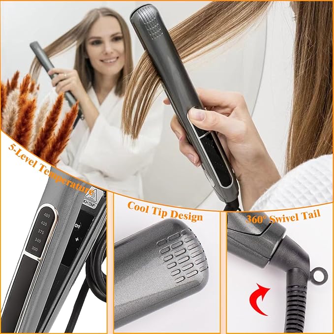 220v Fast Heating Hair Straightener Curling 5-Level Temperature Control 480ºF(250° C) 2 m/6.56 ft 360° Swivel Cord 1.5 inch Hair Straighten Hair Curls Styling Tool(EU Plug)