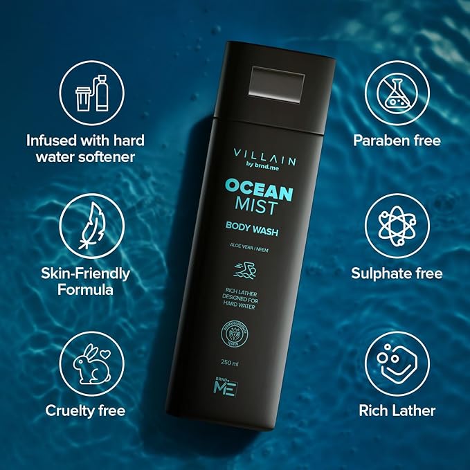 Villain Ocean Mist Body Wash Infused with Hard Water Softener Aquatic fresh Shower Gel for Men Aloe Vera Neem and Vitamin E Hydrating and Energising Skin Friendly Paraben Free Vegan Body Cleanser
