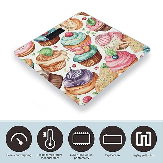 Cupcakes Donuts Muffins Sugar Bathroom Scale for Body Weight Bathroom Weighing Scale with Backlit LCD Display Highly Accurate Measures Weight Up to 180kg