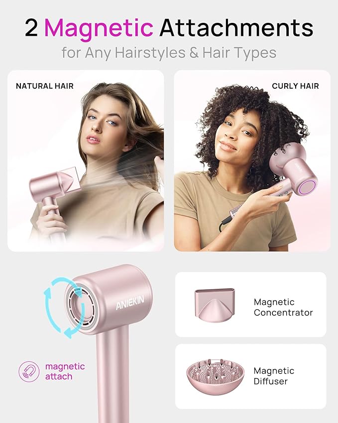 Hair Dryer High-Speed Ionic Low Noise Blow Dryer with Brushless Motor for Fast Drying Thermo-Control Quiet Compact Hair Blow Dryer with Magnetic Diffuser for Curly Hair for Home Travel Salon