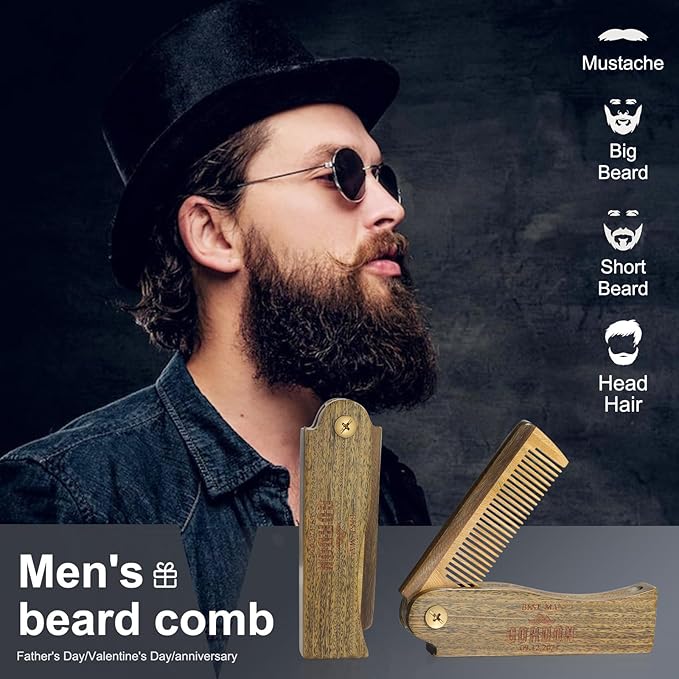 Wooden Beard Comb for Men Wooden Combs with the Engraving Folding Pocket Comb for Moustache Beard &amp Hair (Wood One)