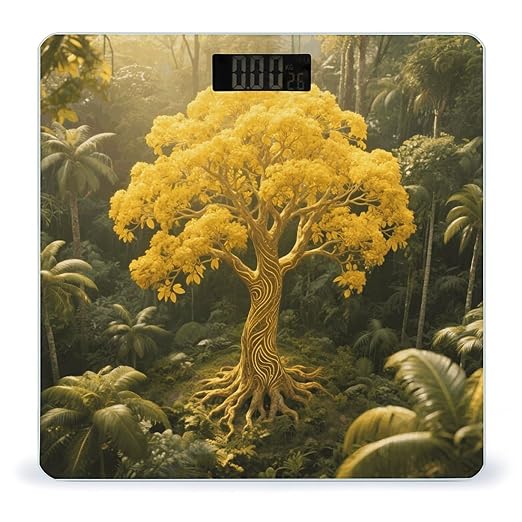 Yellow Tree of Life Design Bathroom Scale for Body Weight Bathroom Digital Electronic Weighing Scale with Back Lit LED Display Sturdy Tempered Glass Weight Watchers Scales 400lb