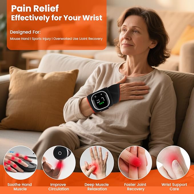 Red Light Therapy Wrist Wrap 36 LEDs with Soothing Heat Rechargeable Therapy Device for Joint &amp Muscle Comfort Black Support Brace with Black Edging
