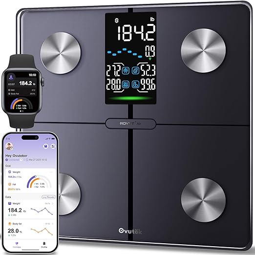 Ovutek Smart Scale for Body Weight Professional Bathroom Digital Scale with BMI Body Fat Muscle Mass Most Accurate to 0.05lb Large Display High Accurate Body Composition Machine with Fitness App