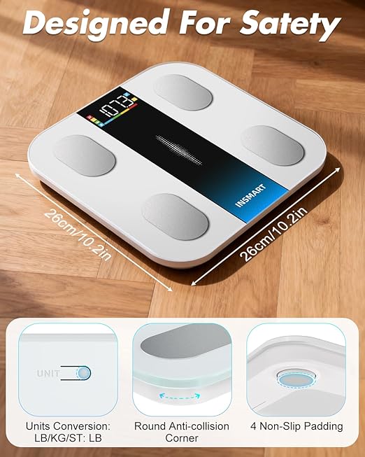 Smart Scale for Body Weight INSMART Bluetooth Digital Bathroom Scale with BMI Body Fat Muscle Mass High Accurate Large Display 16 Body Composition Weighing Machine Sync with App 400 lbs (White)