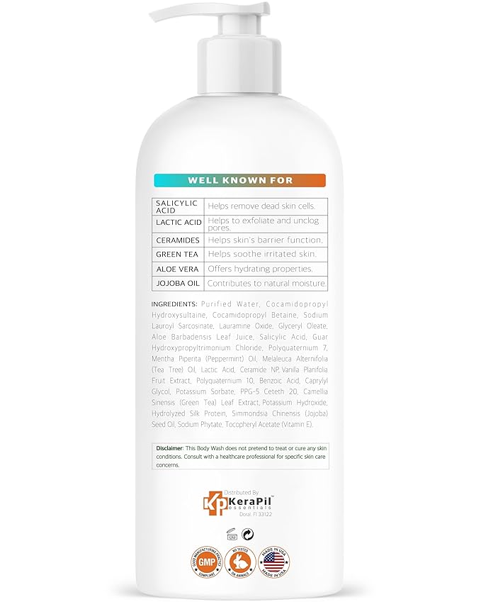 Exfoliating Body Wash With Salicylic Acid - Gentle Exfoliates Rough and Bumpy Skin KP and Acne with BHA &amp AHA - Unscented Body Wash Made in USA - (16 fl oz)