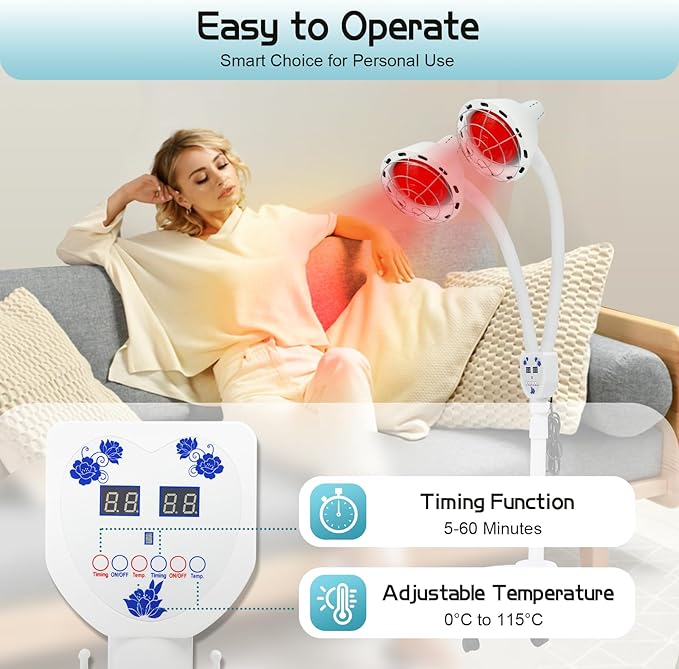 2 Heads Infrared Light 275W Red Near Infrared Heat Lamp for Body or Pain Therapy Device with Timer and Adjustable Temperature Light Therapy Floor Lamp with 360° Adjustable Angle
