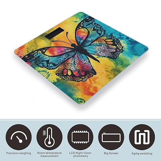 Butterfly Tie Dye Scale for Body Weight Safe Rounded Corners Tempered Glass Digital Bathroom Scale LED Display 400lb Capacity Weight Scales with High Precision Sensors