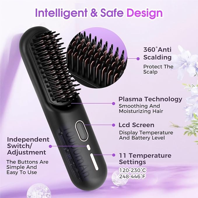 Cordless Hair Straightening Brush USB Ceramic Heating Straight Hair Comb 2-in-1Negative Ion Hair Straightening Comb(White)