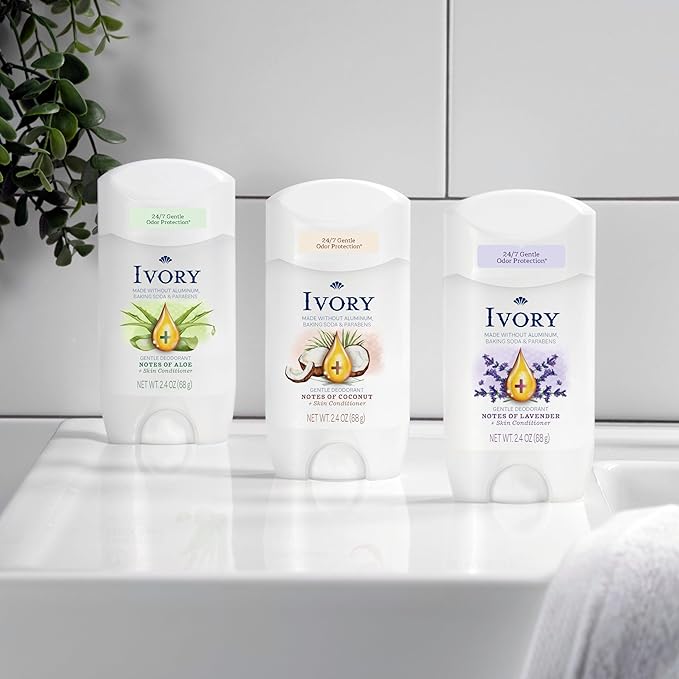 Ivory Aluminum Free Deodorant Hint of Lavender 24hr Gentle Deodorant Dermatologist Tested Baking Soda Free Paraben Free 2.4oz (Pack of 6)