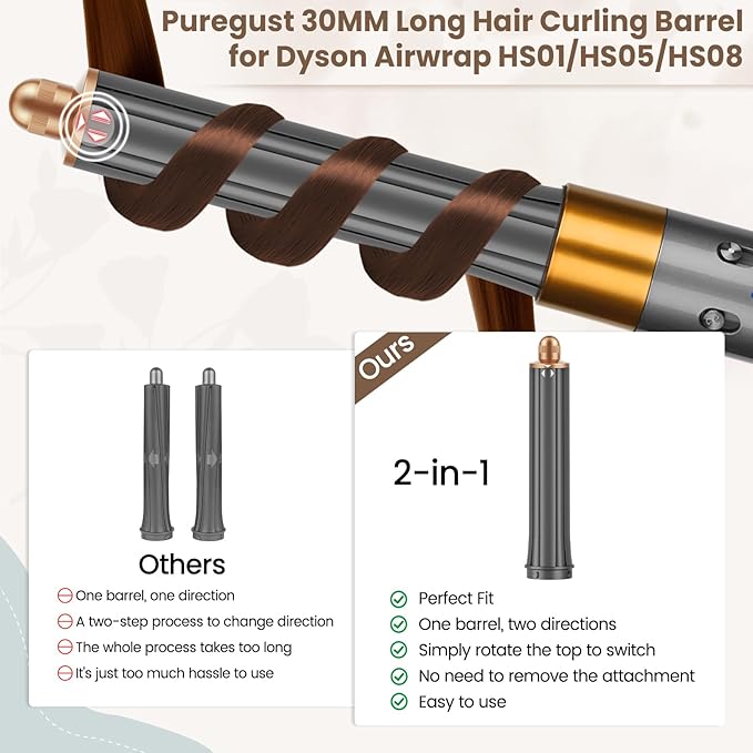1.2IN Long Hair Barrels Attachment Compatible with Dyson Airwrap HS01 HS05 HS08 Accessories Automatic Curling Iron Curlers for Soft Inward Curls Voluminous Outward Waves