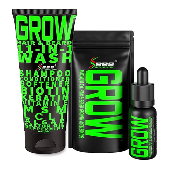 Beard Growth Kit w/GROW XXL Beard Serum for Maximum Facial Hair &amp Conditioner + GROW 11-in-1 Mens Shampoo &amp Conditioner (Hair Growth Shampoo for Men w/Biotin) - Formulated in America