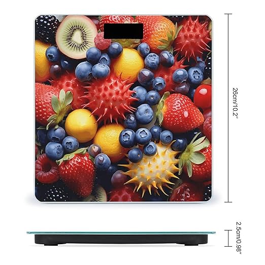 Yellow and Blue Fruits Scale for Body Weight Anti-Slip Tempered Glass Digital Bathroom Scales Clear LCD Display Weighing Scale Safe Rounded Corners Smart Scales