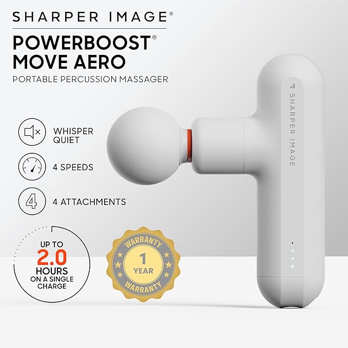 Sharper Image Powerboost Move Aero [New 2026 Version] Mini Deep Tissue Percussion Massage Gun| Muscle Recovery &amp Pain Relief Massage Tool| Full Body Back &amp Shoulder Massager| Travel Gift for M