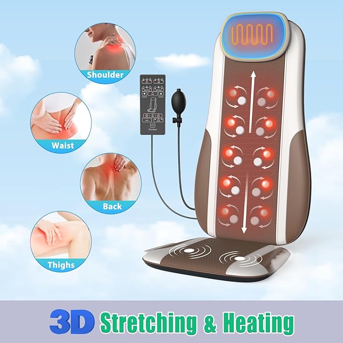Shiatsu Back Massager with Heat Massage Chair Pad Seat Cushion for Stress Relief Deep Tissue Kneading &amp Roller 2 Vibration Motors Back Waist Hip Massager PU Leather with 2 Adapters
