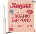 August Organic Cotton Tampons 96 Light Tampons Made with Organic Cotton Long Applicators Non-Toxic Fragrance-Free Chlorine-Free and Hypoallergenic (6 Boxes of 16/12 Boxes of 8)