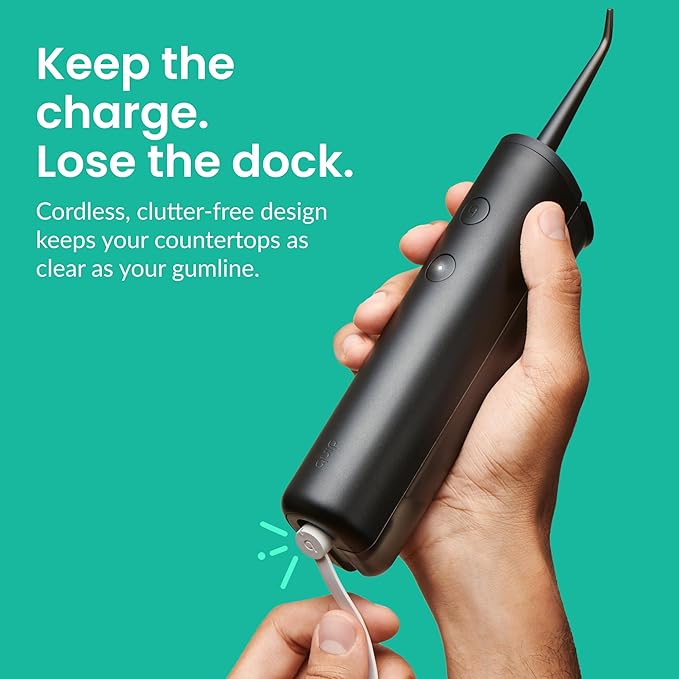 quip Water Flosser with Replacement Tip - Cordless Water Flosser with Adjustable Pressure - Teeth Cleaner Pick with 360 Degree Rotating Replaceable Tip Rechargeable Water Dental Pick - All-Black