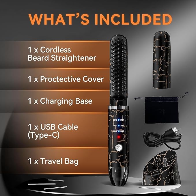 Beard Straightener for Men Cordless Heated Beard Brush Portable Beard Hot Combs Ionic Mini Hair Straightener with 3 Temp Settings Coarse Curly Hair Brush Grooming Kit for Men
