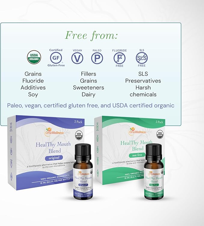 OraWellness Healthy Mouth Blend Organic Tooth Oil Flouride Free Made in the USA Toothpaste &amp Mouthwash Alternative Natural Rinse for Healthy Teeth &amp Gums for Women Men and Kids Pack of 3
