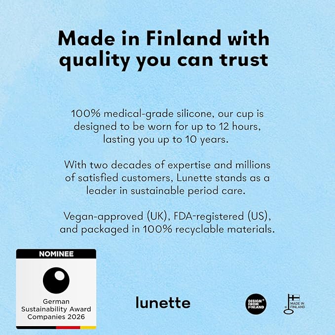 Lunette Menstrual Cup Reusable BPA Free Period Cup with 12-Hour Leak Free Comfort - Soft 100% Medical-Grade Silicone - Eco-Friendly Pad &amp Tampon Alternative – Vegan - Made in Finland - Size 2 Blue