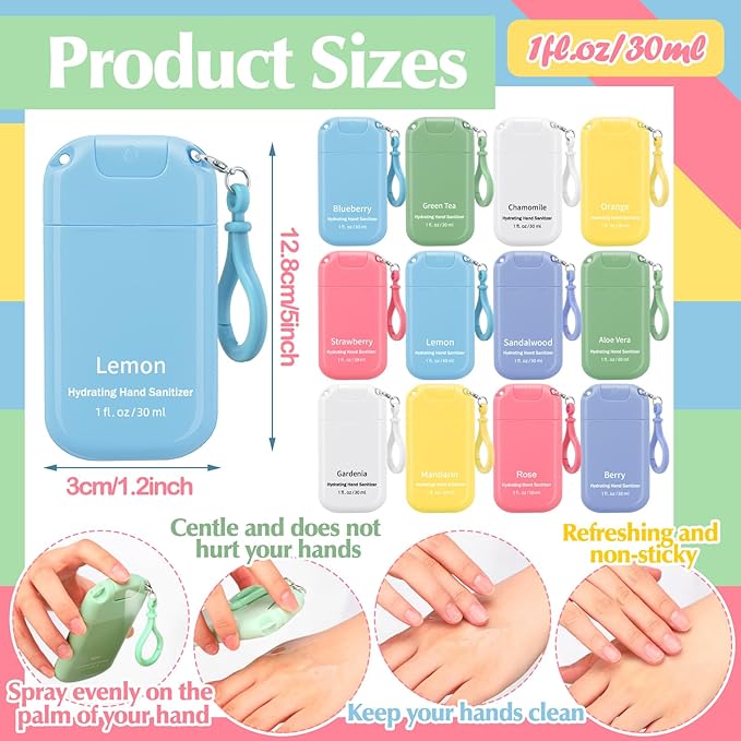 24 Pack Mini Hand Sanitizer Spray with Keychain Hand Sanitizer Mist Travel Size Bulk for Gym Purse Backpack Scent Moisturizing Hydrating Thank You Appreciation Gift for Employee Coworker Teacher
