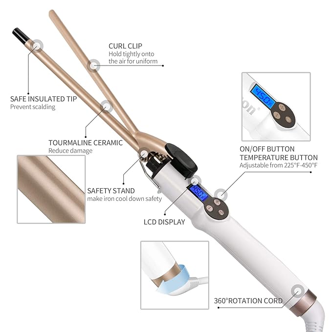9mm Curling Iron Professional 3/8 Inch Ceramic Tourmaline Curl Wand Barrel Hair Curler Iron for Long &amp Short HairGlove Include Gold