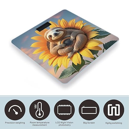 Sloth Sitting on Sunflower Bathroom Scale for Body Weight Bathroom Weighing Scales with Back Lit LED Display Sturdy Tempered Glass Body Weight Bathroom Scale 400lb Weighing