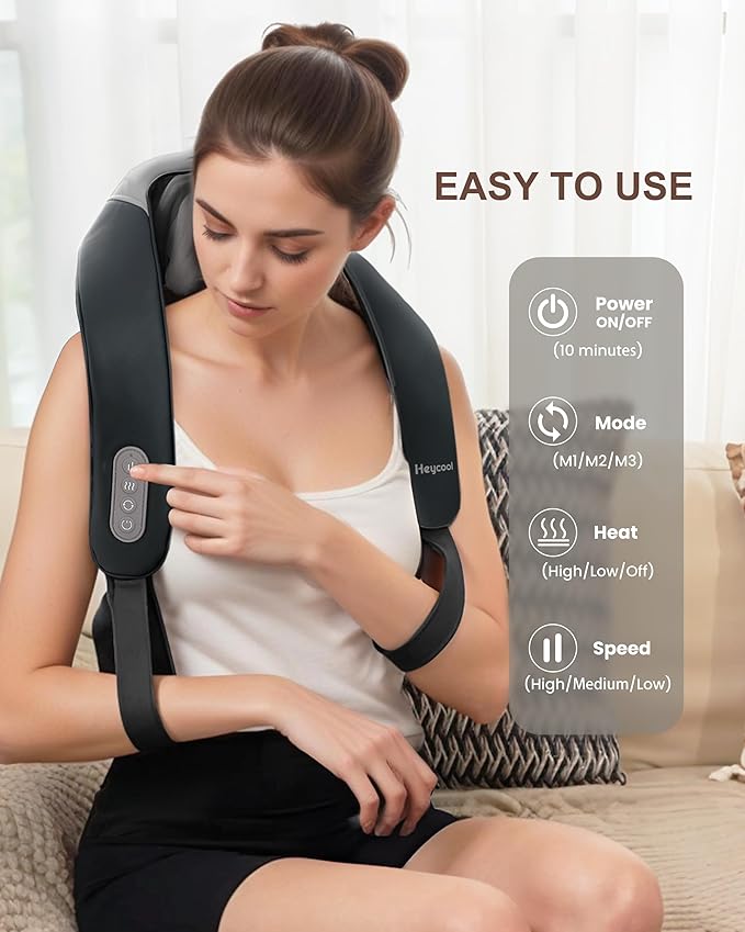 Cordless Neck Massager with Heat Shiatsu Neck Shoulder Massager for Pain Relief Deep Tissue 2 Heating Areas 3 Modes Kneading Back Massager Presents/Gifts for Women Men