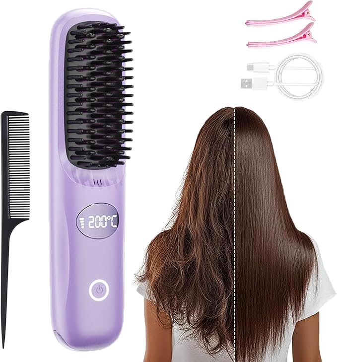 Cordless Hair Straightener Brush Go Brush Pro Portable Mini Straightening Brush for Women with 3 Temperature Settings LED Display Fast Heating Hair Straightener Comb for Travel Smooth Frizz Hair