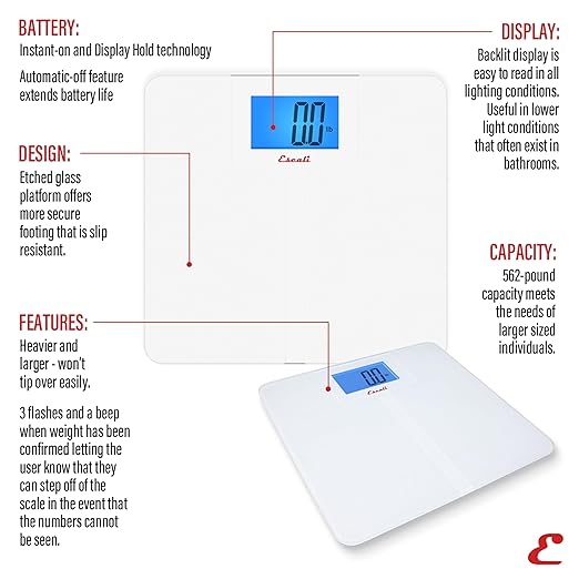 Escali High Capacity Anti-Slip Digital Bathroom Scale for Body Weight with Extra-High 562-lb Capacity Batteries Included