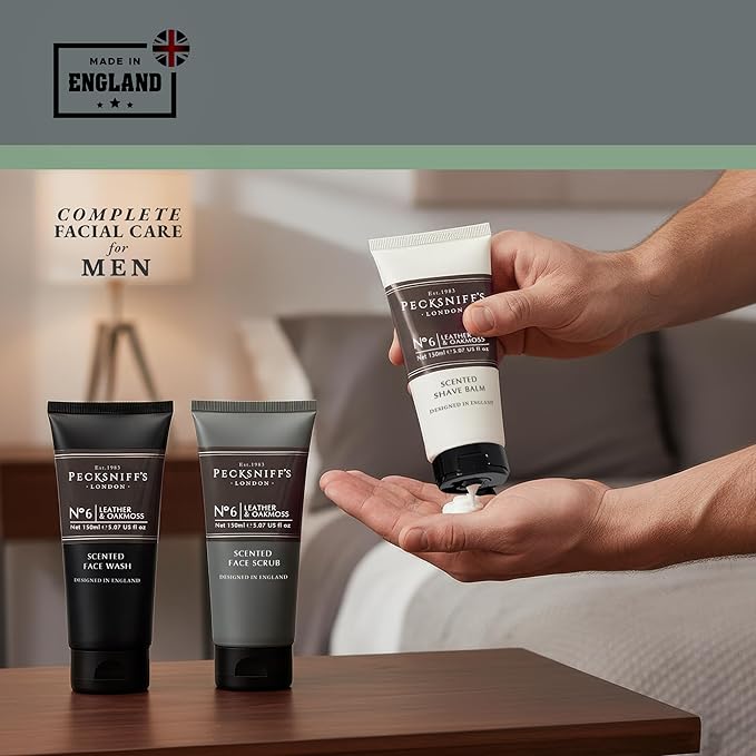 Pecksniff’s Men’s Trio Face Collection – Leather &amp Oakmoss – Face Wash Scrub &amp Shave Balm Gift Set 3 x 75ml