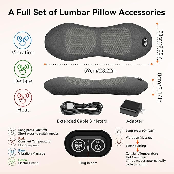 3 in 1 Back Massager Electric Lumbar Support Pillow Triple Fusion Back Massager for Pain Relief Deep Tissue with Traction Vibration &amp Heat and Against for Lower Backs&ampSpine Support