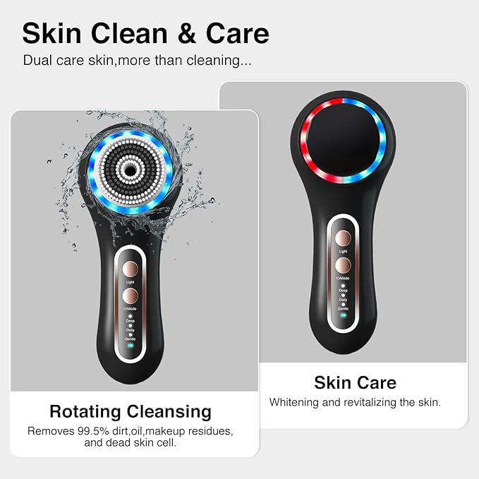Face Scrubber ExfoliatorFacial Cleansing Brush Rechargeable IPX7 Waterproof with 5 Brush HeadsElectric Face Spin Brush for Exfoliating Massaging and Deep Cleansing (Black+Gold)