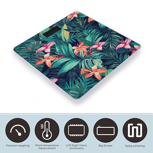 Tropical Floral Leaves Weight Scale Digital Electronic Scales Bathroom Scale Larg LCD Backlight Display High Precision MeasurementsTempered Glass