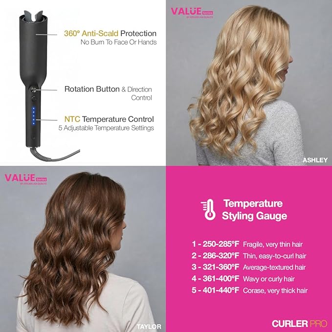 Easy Curl Automatic Curling Iron - Curler Pro Long Barrel Beach Wave Curler | Curly Hair Products: Hair Curler Automatic Rotating Curling Wand 1 1/4 Inch | Value Series By Atelier Lisa Qualite