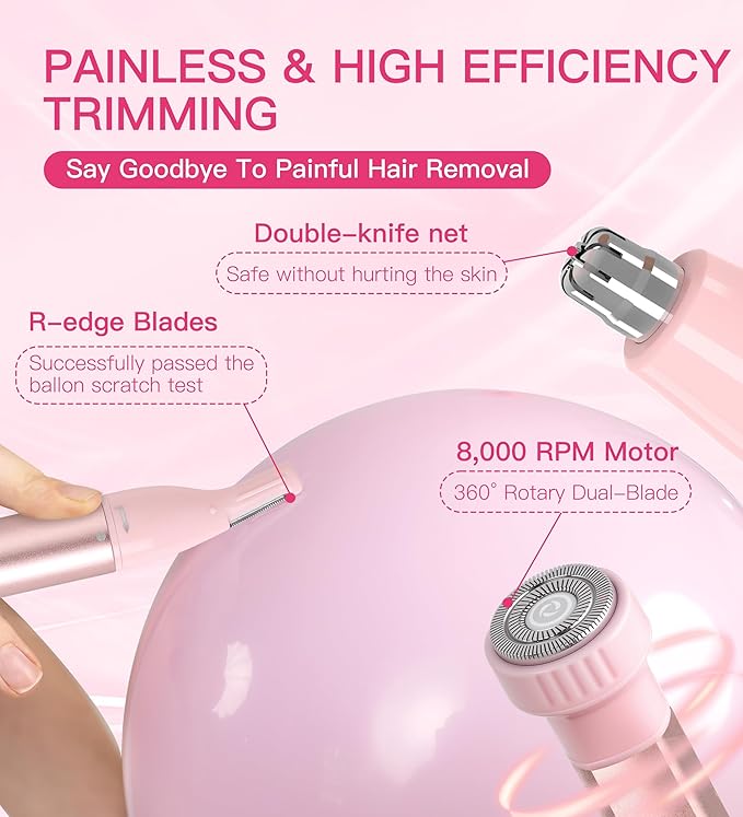 Nose Hair Trimmer for Women 3in1 Facial Hair Removal Trimmers- Rechargeable Waterproof Portable with Travel Bag- Trims Nose Ear Eyebrow Peach-Fuzz Lips Chin Face Hair Remover (Pink)