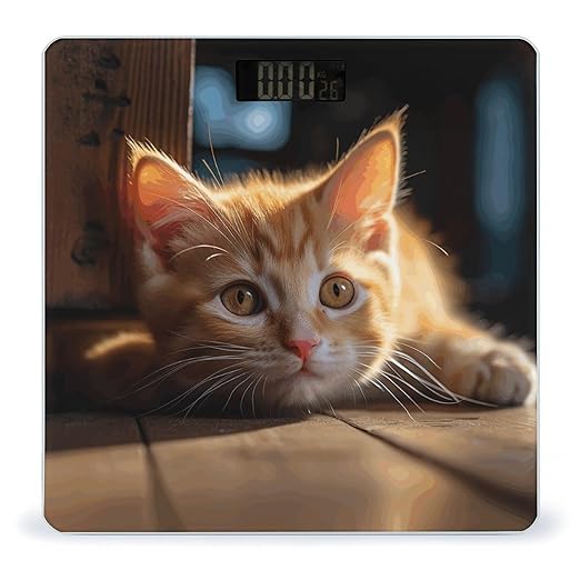 Small Orange Cat Bathroom Scale for Body Weight Bathroom Weighing Scale with Backlit LCD Display Highly Accurate Measures Weight Up to 180kg
