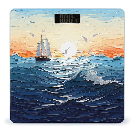 Ocean Waves Sailboat with Birds Maritime Bathroom Scale Large LCD Backlight Display Digital Scale Rounded Corners Body Scales Automatic Power On/Off Bathroom Scales for Home Bedrooms