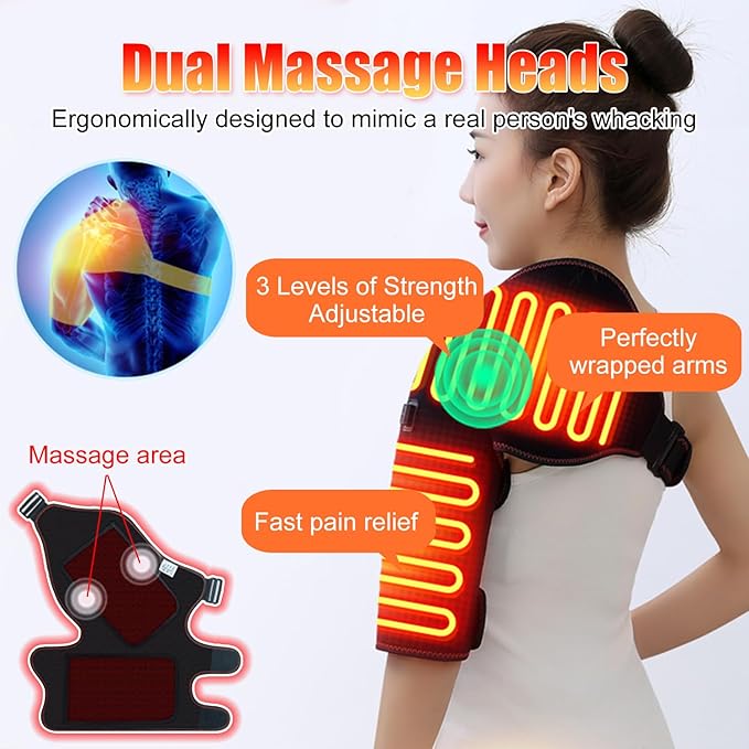 WOOLALA Heated Shoulder Brace with Massager - Electric Heating Pad for Shoulder Pain Relief &amp Upper Arm Muscle Portable Heated Wrap