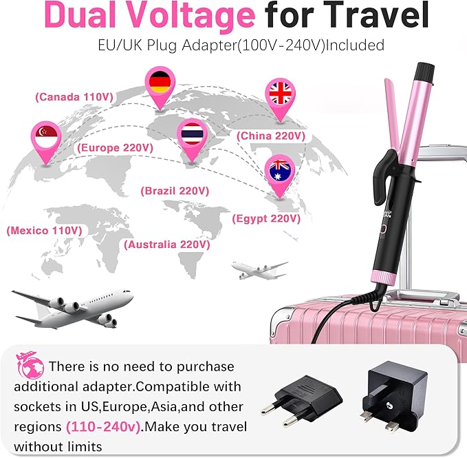 Travel Curling Iron 1 InchSmall Curling Iron for Short HairDual Voltage Curling Iron 110-240V with European PlugCurling Iron with Clamp &amp Ceramic Barrel5 Temp Digital DisplayAuto OffTemp Loc