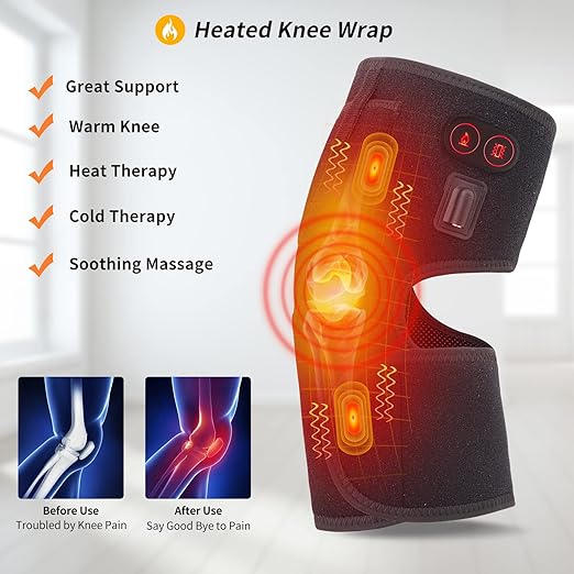 Heated Knee Pad with Massager - Battery Powered Heating Knee Brace for Men Women Elders(Singel)