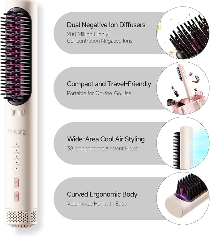 3 in 1 Ionic Hair Straightener Brush with Cool Air Technology Fast Heating Comb Volumizer Anti-Scald with 4 Adjustable Heat Settings Dual Voltage Styling Tool for WomenPink