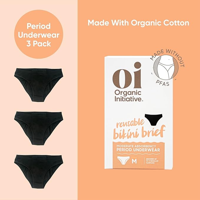 oi Organic Cotton Period Underwear | Bikini Style | Absorbs 3 Tampons | Full Gusset Leak Protection | No PFAS | 3 Pack