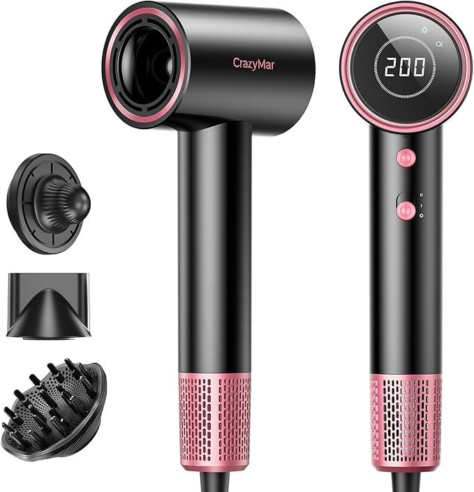 Ionic Hair Dryer with Diffuser and Concentrator- 180000 RPM High Speed Blow Dryer 3 Min Fast Drying Heat-Control Low Noise Lightweight Salon Professional Blow Dryer for Women Men （Rose Pink）